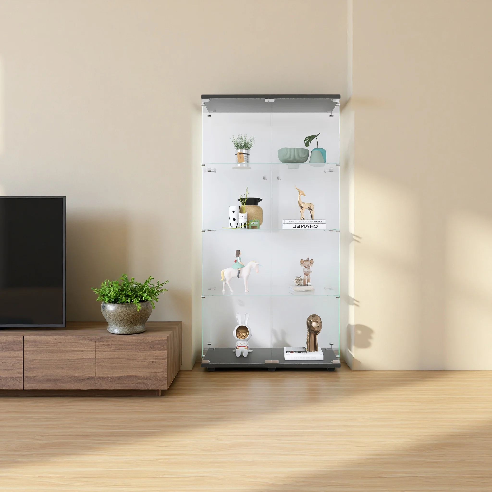 Superaly 4-Schicht Glas-Vitrine, 2-Türiger Vertikaler Glas-Schaukasten, Antiker Glas-Aufbewahrungsschrank mit Schloss, Schwarz