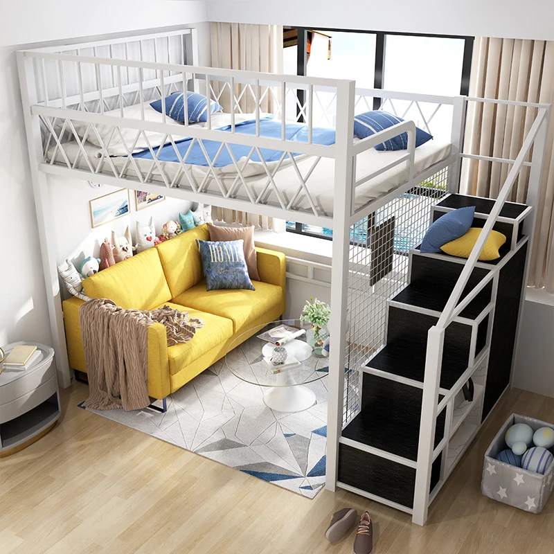 Loft-Duplex-Bett mit zweitem Boden, erhöhter Bettlaken, oberer Boden, kleine Wohnung auf dem Bett und unterem Tisch, platzsparende kleine Wohnung