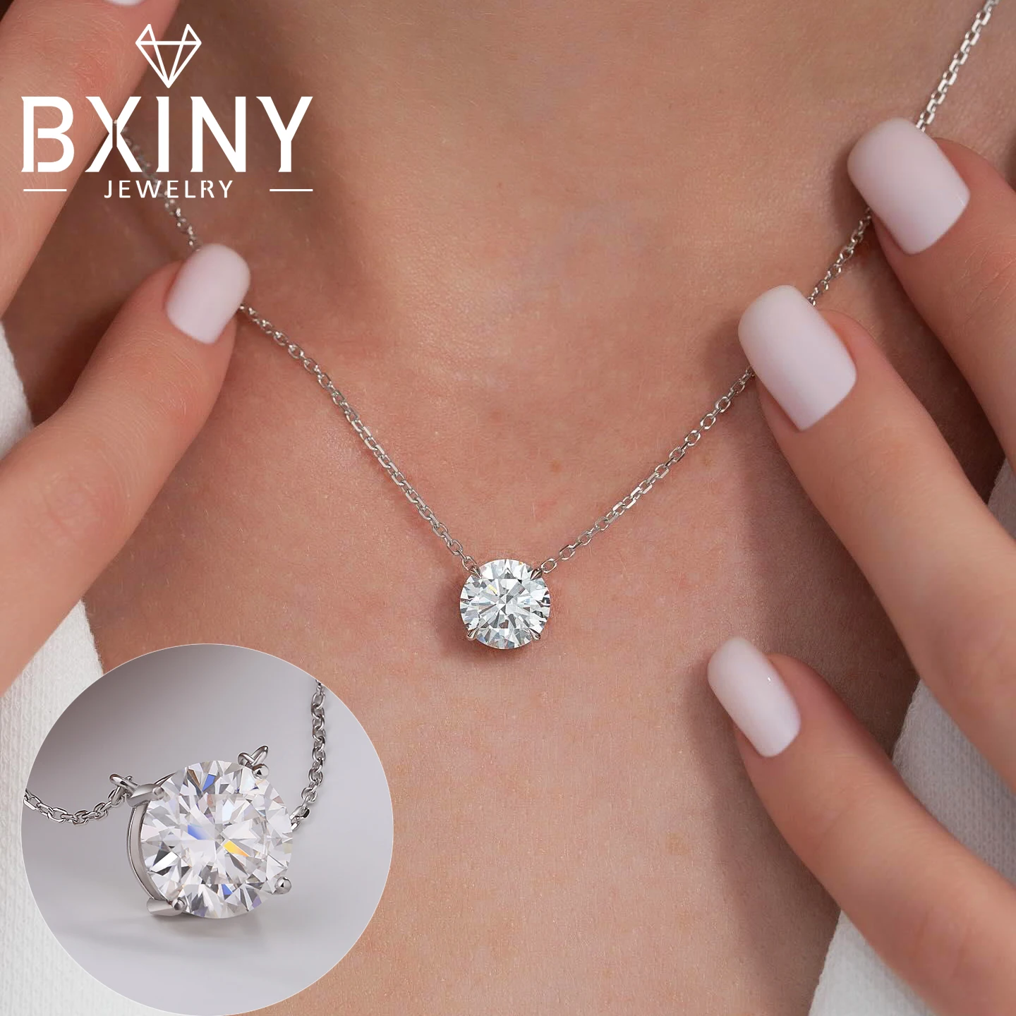 BXINY 1/2/3/5CT Runde Moissanit Anhänger Halskette S925 Silber 4-Prong Solitaire Diamant Halskette für Frauen Hochzeit Schmuck GRA Image