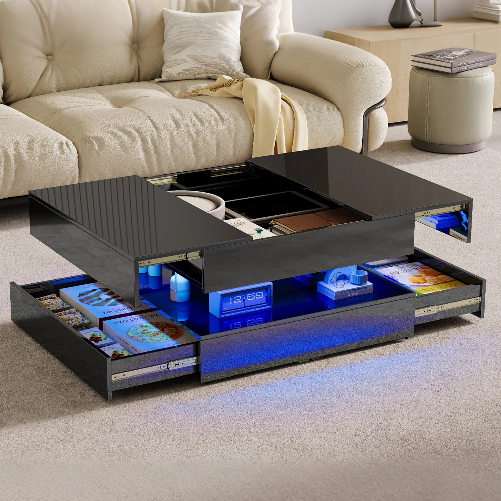 Rosahqnda Hochglanz-Couchtisch mit 4 Schubladen, geometrischer Couchtisch mit LED, Wohnzimmer-Sofatisch, Beistelltisch