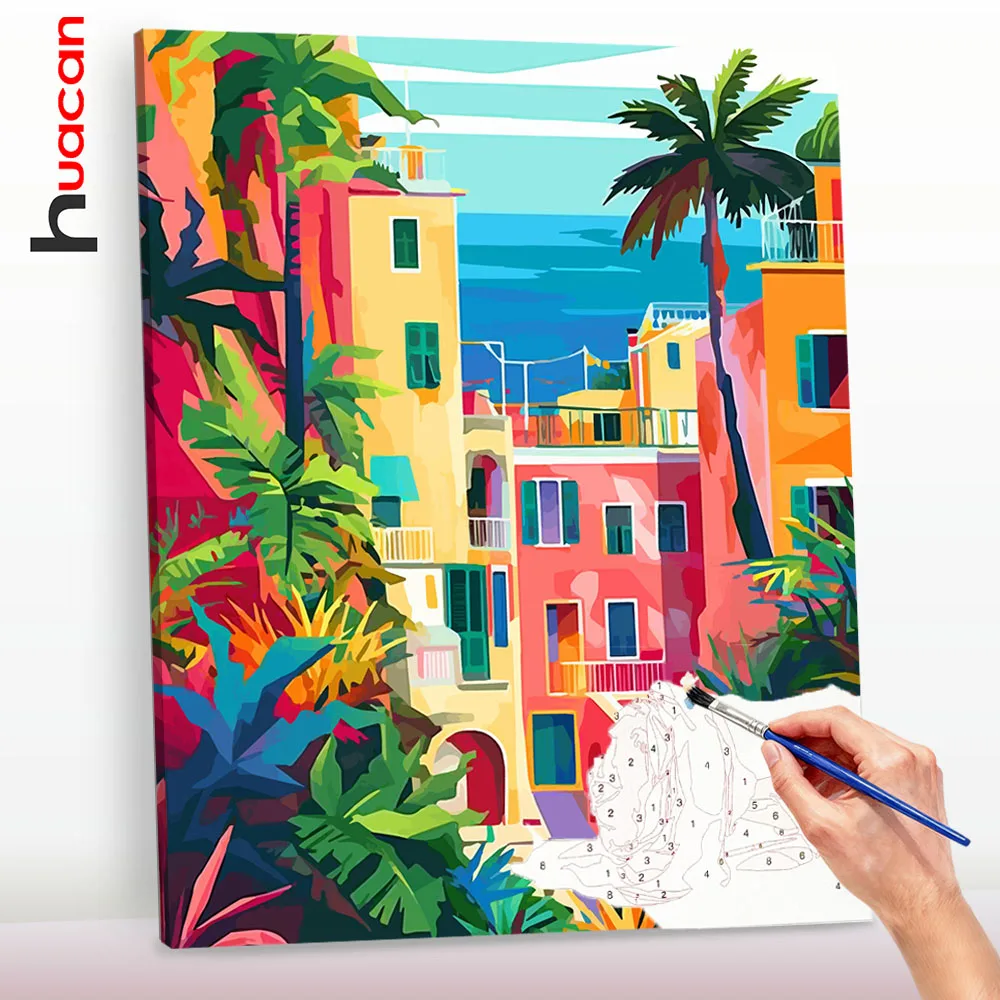 Huacan Malen-nach-Zahlen-Set, tropische Stadt, Malen nach Zahlen, Landschaftskunst, Figurenzeichnung, Bild, Kunsthandwerk auf Leinwand, Geschenk ﻿ ﻿ ﻿ Image