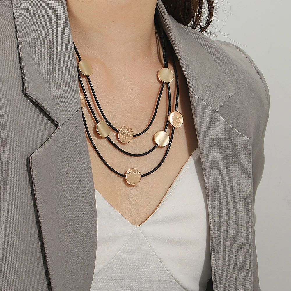 ALLYES Vintage Matte Metall Perlen Halsband Halskette für Frauen Boho Multilayer Schlüsselbein Kette Leder Halsketten Collares Schmuck Image