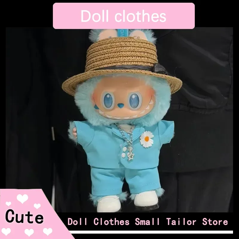 Labubu V1v2v3 17 cm Anhänger Puppe Stern Stil Blau/Schwarz Anzug Set mit Hut Trendy Junge Outfit DIY Kleidung Zubehör geschenke