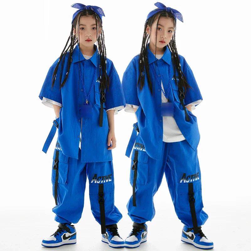 Blau Lose Kurzarm Hemd Mantel Hosen Jungen Trommel Street Dance Outfit Mädchen Jazz Performance Anzug Kinder Hip Hop Kleidung