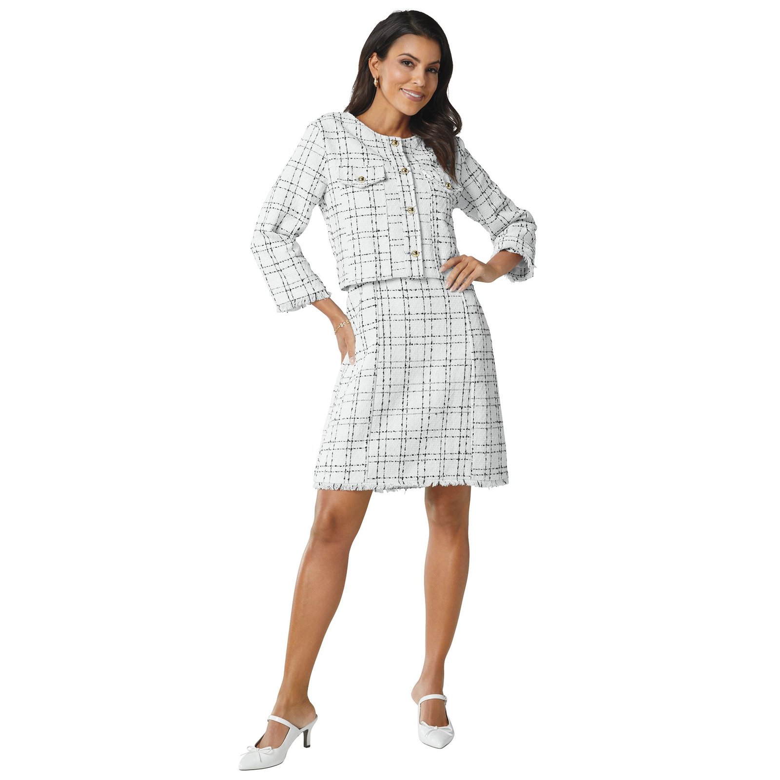 Masseys Classic Tweed Dress Set (Size 16W) Black-White/Plaid, Polyester