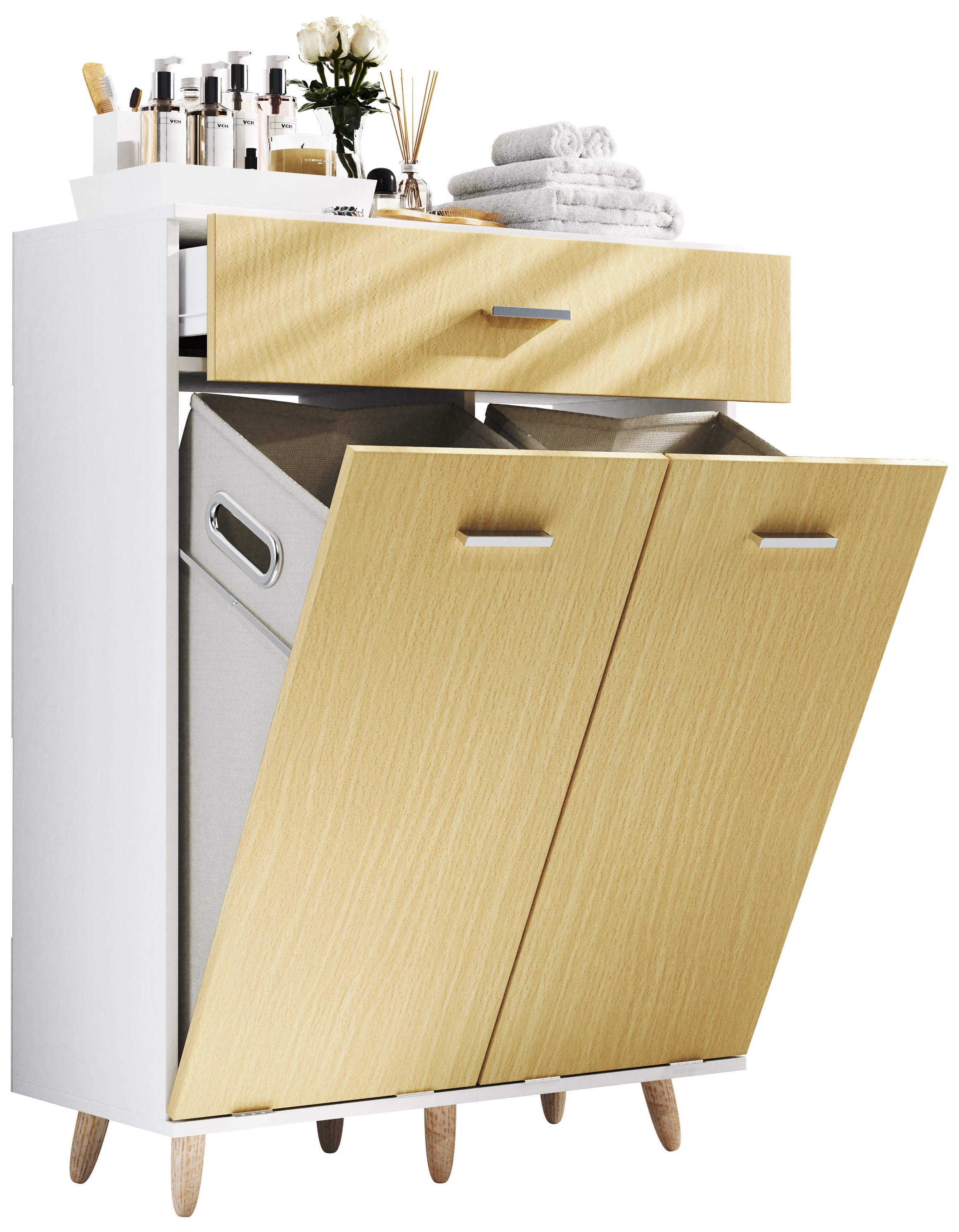 Hochschrank VCM "Wäscheschrank Wäschetruhe Wäschebox Landos M", weiß, honig, eiche, B:79cm T:35cm, Obermaterial: 100% Holz Wood., Schränke, Hochschrank