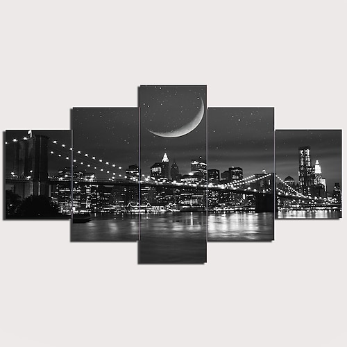 5 Panels Wandkunst Leinwanddrucke Malerei Kunstwerk Bild Nachtbrücke Stadtlandschaft Skyline Wohnkultur Dekor gerollte Leinwand kein Rahmen ungerahmt ungedehnt Image