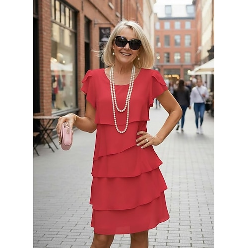Damen Minikleid Cocktailkleid Kleid für Hochzeitsgäste Chiffonkleid Stufenkleid Elegant Abendgesellschaft Date Ausgehen Normale Passform Einfarbig Kurzarm Rundhalsausschnitt Rosa Wein Rote Herbst Image