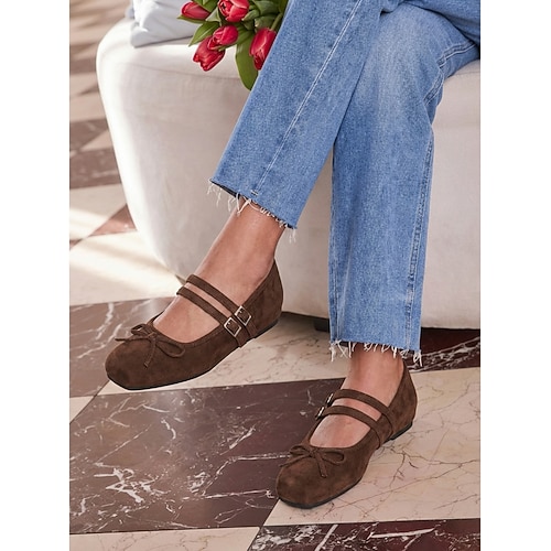 Cremefarbene Mary-Jane-Ballerinas für Damen – elegante Ballerinas mit eckiger Spitze und doppelten Schnallenriemen Schleifendetail für Alltagskleidung, Büro ungezwungene Anlässe Image
