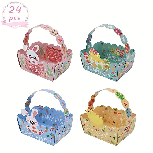 Ostergeschenkkörbchen aus Papier, Set mit 24 Bonbonschachteln mit Griffen und Cartoon-Motiven, perfekt für alle Arten von Feiertagen. Image