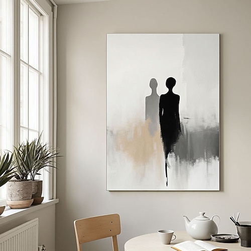 Handgefertigtes, elegantes abstraktes Leinwandgemälde in Schwarz und Beige mit minimalistischen Silhouetten – perfekte zeitgenössische Kunst für moderne Wohnräume. Image