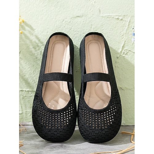 Weiße Flyknit Mary Jane Pantoletten für Damen – atmungsaktive, leichte Freizeitschuhe für Damen, weiche, flexible flache Schuhe für den Alltag, Spaziergänge, Reisen und Freizeitaktivitäten.