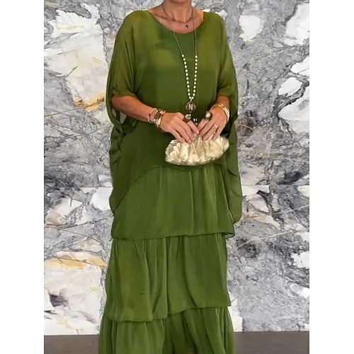 Damen Maxikleid Freizeitkleid Chiffonkleid Elegant Mode Modern Outdoor Urlaub Ausgehen Normale Passform Einfach Halbarm Rundhalsausschnitt Schwarz Weiß Purpur Grün Sommer Frühling Image