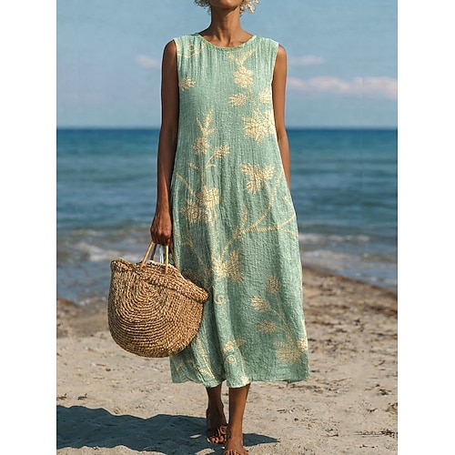 Damen Midikleid Sommerkleid Shiftkleid A Linie Kleid Urlaub Lässig Boho Strand Party Ausgehen Lässiger Schnitt Blumen Grafik Ärmellos Rundhalsausschnitt Hellgelb Dunkelgrün Graues Grün Rot orange Image