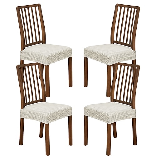 4-teiliges Set Stuhlhussen für Esszimmer, elastisches Jacquard-Streifen-Karo-Design, doppelt elastischer Hockerüberzug mit Schnalle und Zunge, rutschfeste Stuhlkissenbezüge, Set für Zuhause, Hotel und Image