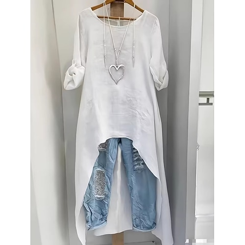 Damen Bluse Hemd aus Leinenimitat Asymmetrischer Saum Einfarbig Stilvoll Lässig Langarm Rundhalsausschnitt Lange Oberteile Täglich Weiß Aprikose Grau Sommer Frühling Herbst Image