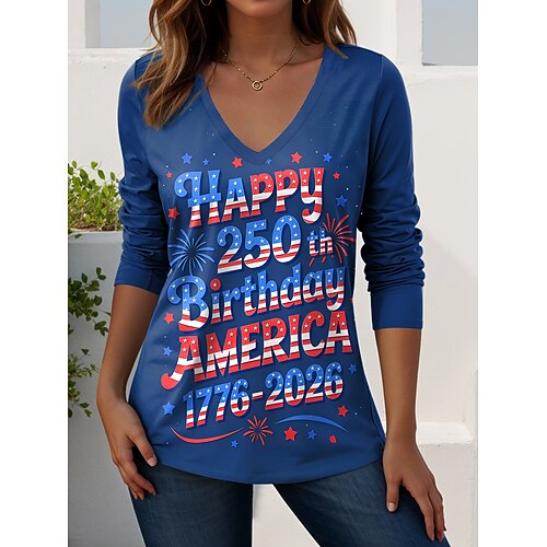 Amerikanischer Unabhängigkeitstag Damen T Shirt Druck Grafik Amerikanische Flagge Vintage Stilvoll Lässig Langarm V Ausschnitt Normale Oberteile Täglich Wochenende Blau Weiß Marineblau Sommer Frühling Image