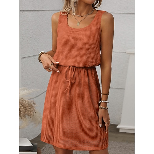 Damen Minikleid A Linie Kleid Sommerkleid Lässig Täglich Normale Passform Einfach Ärmellos U-Ausschnitt Schwarz Marineblau Orange Armeegrün Sommer Image