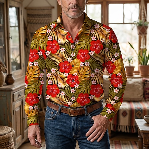 Retro Vintage 1970er Hemd Aloha-Hemd langarm Hippie Blumen Kostüm Herren Maskerade Musikfestival Party Alltagskleidung Erwachsene Hemd Image