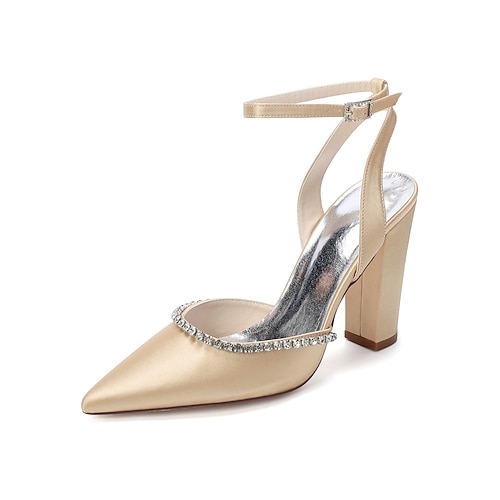 Elfenbeinfarbene Pumps mit Blockabsatz und Knöchelriemen, spitze Brautschuhe mit Strassbesatz, elegante Schuhe für die Hochzeit in der Stadt Image