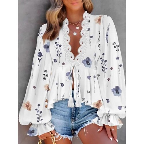 Damen Bluse Schnürung Spitze Blumen Stilvoll Lässig Langarm V Ausschnitt Normale Oberteile Täglich Blau Schwarz Marineblau Purpur Sommer Frühling Herbst Image
