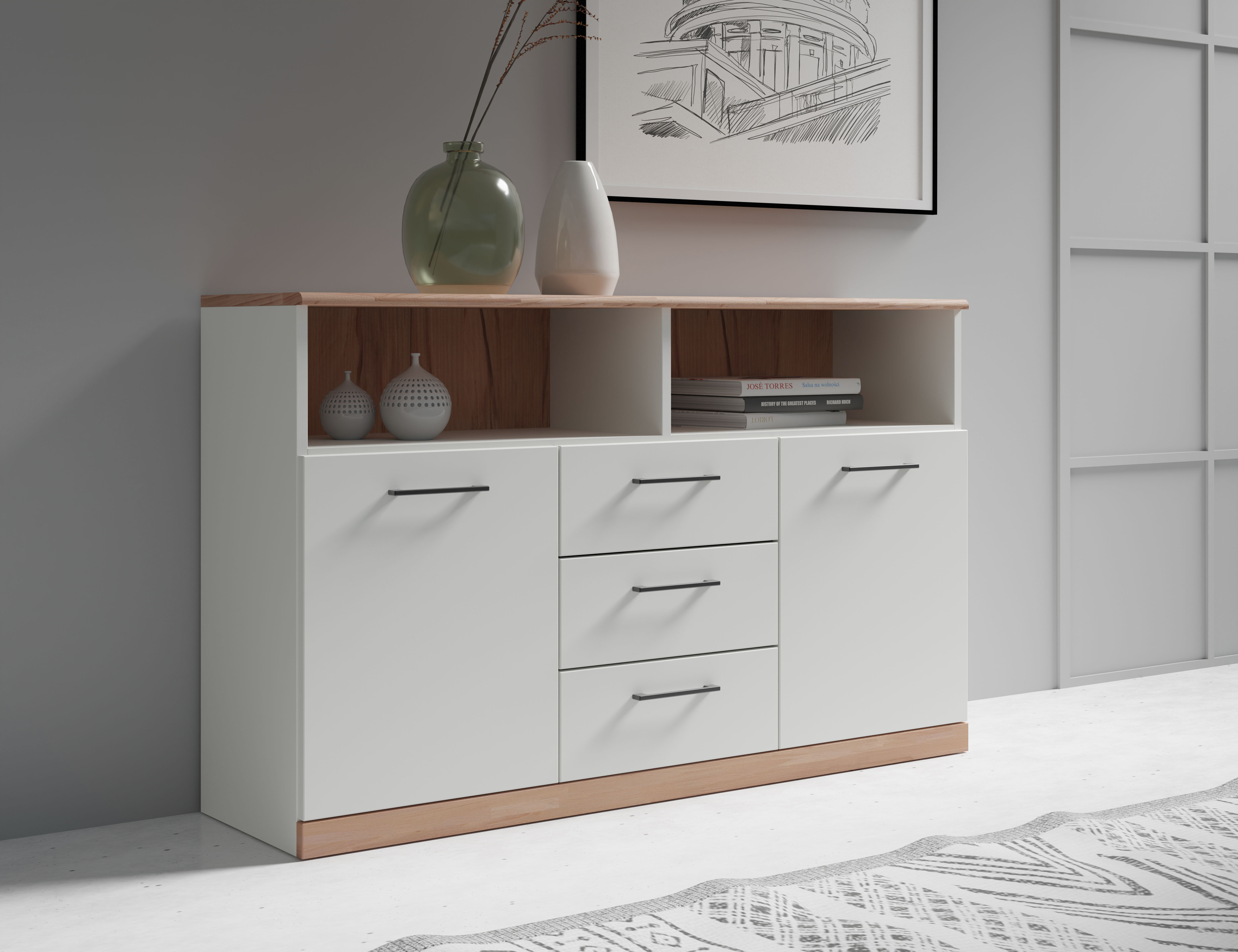 Sideboard OTTO HOME "Ribe,130cm breit,80cm hoch,Oberplatte Holz massiv,6 Fächer", weiß (weiß, kernbuche), B:130cm H:80cm T:35cm, FSC-zertifizierter Holzwerkstoff, Holz teilmassiv, Sideboards, Sideboard, Oberplatte Kernbuche massiv,schwarze Metall...