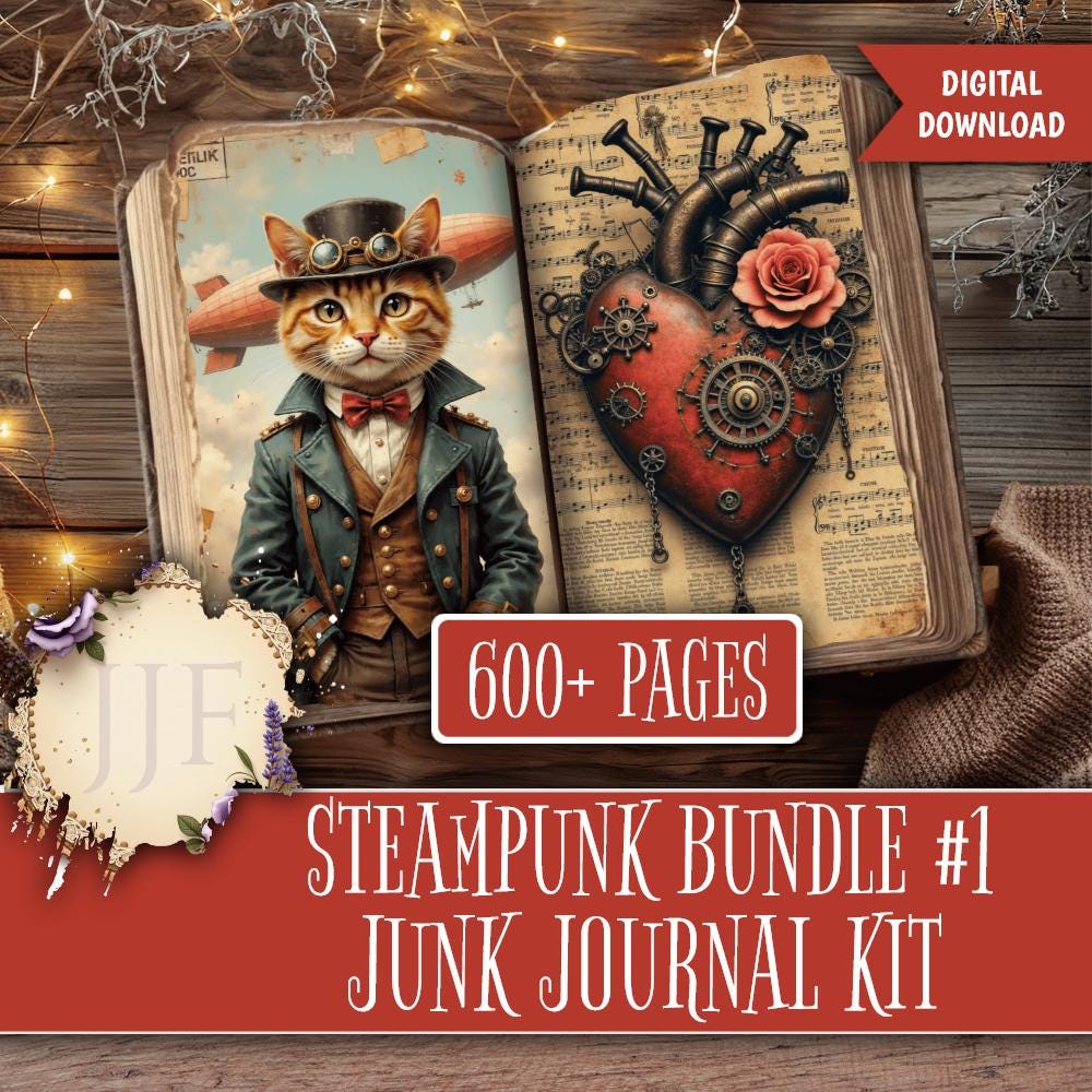 Mega Bundle diario Steampunk Junk Journal da oltre 600 pagine / Kit diario stampabile Steampunk, ingranaggi e oggetti effimeri, gatti Steampunk, diari