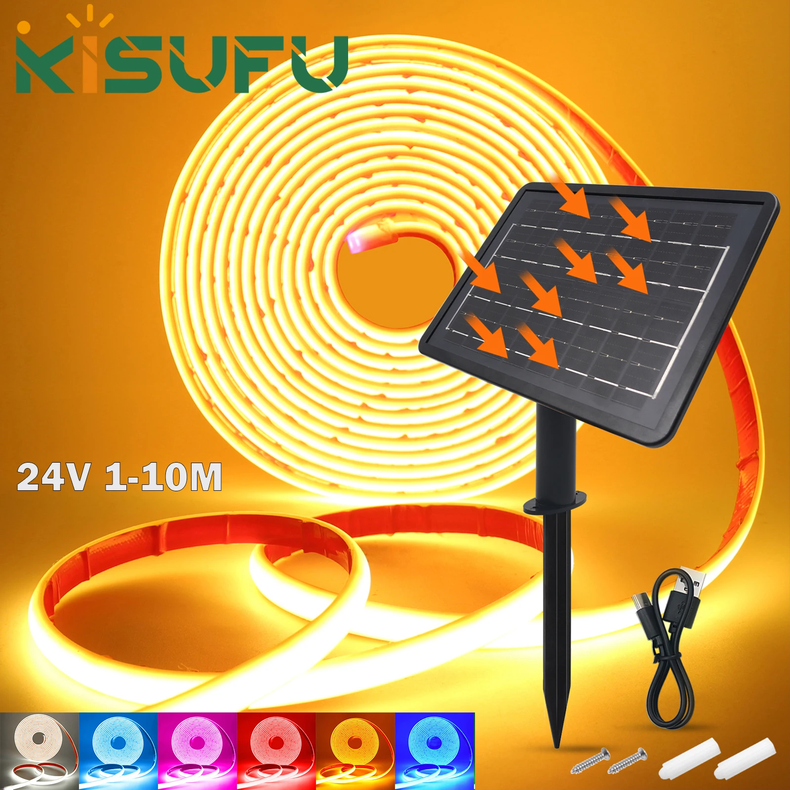DC24V Solarbetriebener COB-Neon-LED-Streifen, IP68, wasserdicht, 320 LEDs/m, flexibles Klebeband, Lichtschlauch, Hausgarten, lineare Beleuchtung