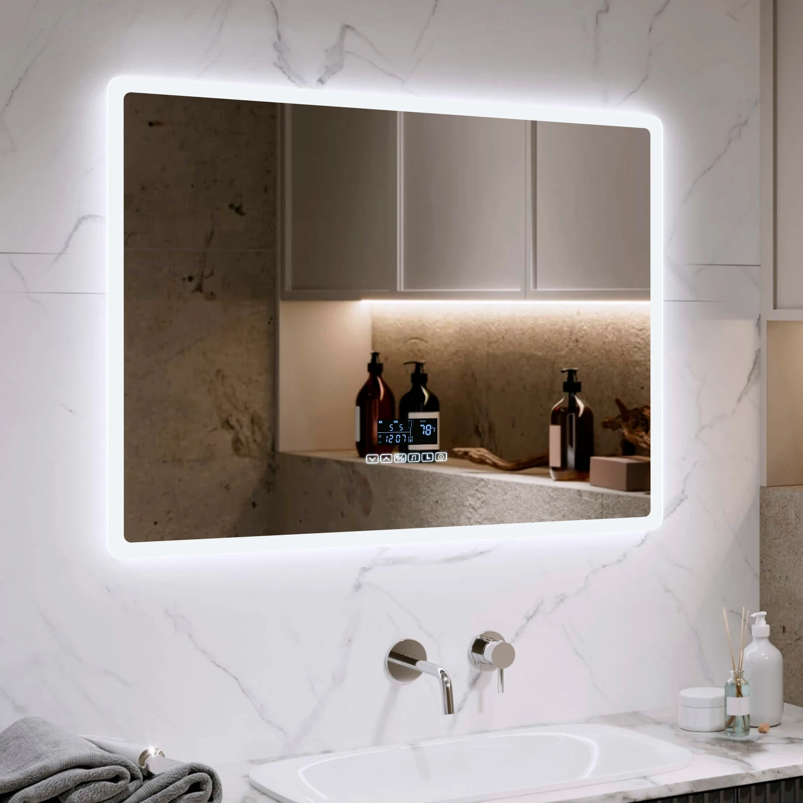 LED-Badezimmerspiegel, quadratischer LED-Badspiegel, beschlagfrei, Wandmontage, HD-Hartglas mit 3 Lichtfarben, Speicherfunktion Image