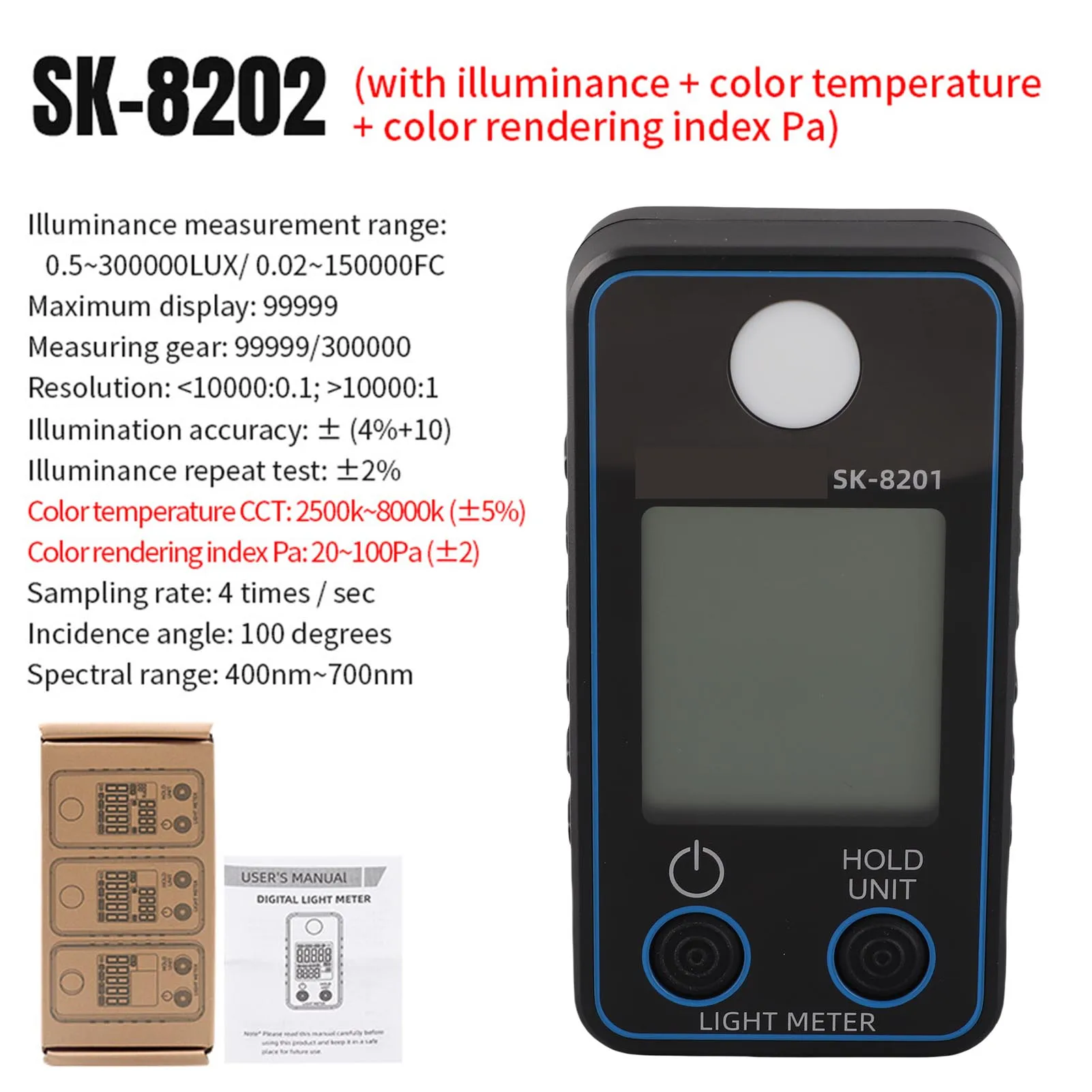 Farbtemperaturtester Hochpräzises Beleuchtungsstärkemessgerät 0,5-300000LUX LED-Beleuchtungstestmessgerät Fotografische Luminanzmessung Image