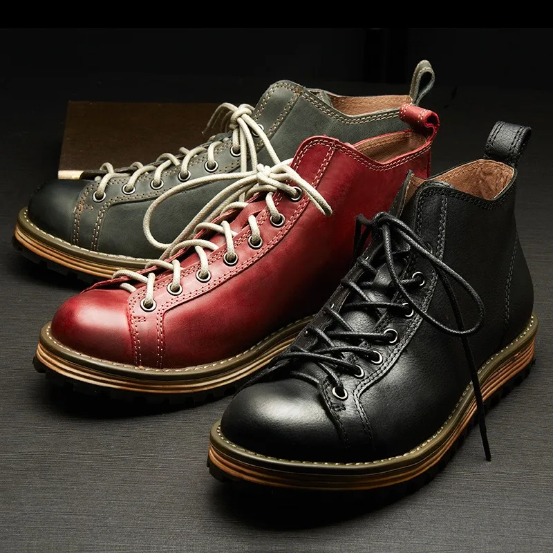Motorrad-Reitstiefel für Herren, Retro-Leder, großer Kopf, britische Arbeitsstiefel mit dicken Sohlen, hohe Freizeitstiefel Image