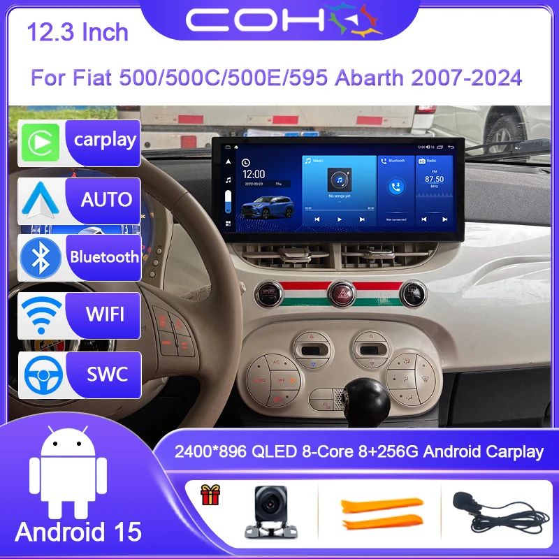 12,3 Zoll Für Fiat 500/500C/500E/595 Abarth 2007-2024 8-Core 8G + 256G Auto Multimedia Player Stereo Empfänger Radio GPS 4G WIFI Image