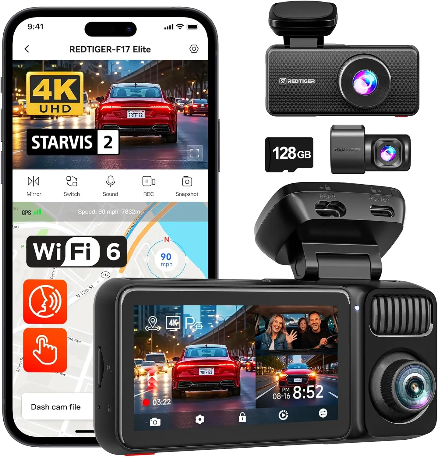 REDTIGER F17 Elite 4K 3-Kanal-Dashcam 5,8 GHz WLAN 6 Vollnacht-Farb-Touchscreen Sprachsteuerung Autokameras 128 GB Karte HDR Image