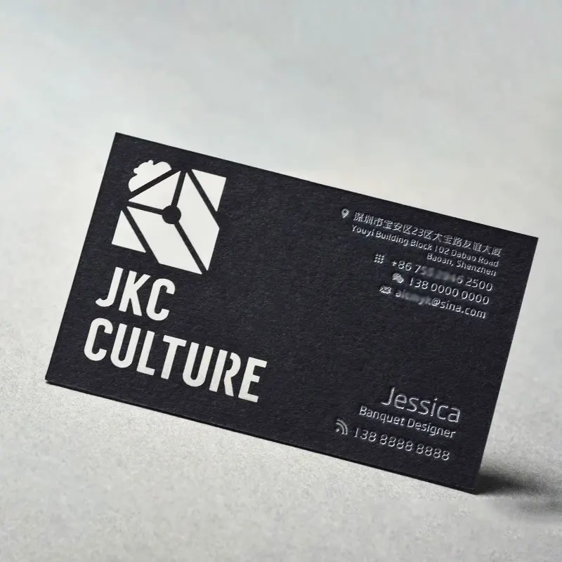 Benutzerdefinierte Visitenkarte, schwarze Karte, ausgehöhlt, holografisches Folien-Design und drucken Sie schwarze Kartonfolie, Silberfolie cal Image