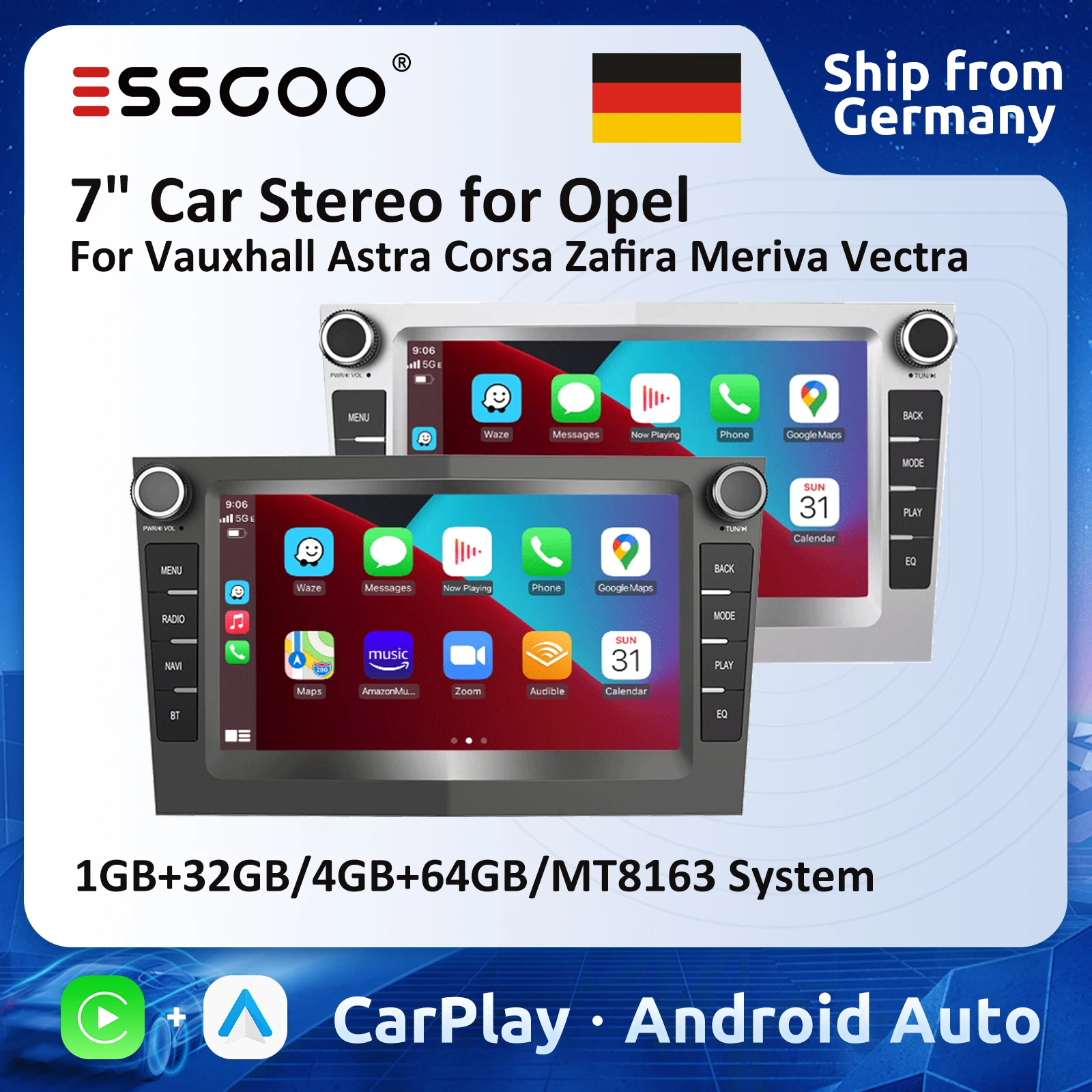 ESSGOO Wireless CarPlay Android Auto Autoradio für Vauxhall Astra Corsa Zafira Meriva Vectra Multivan GPS Multimedia Stereo 4 GB Image