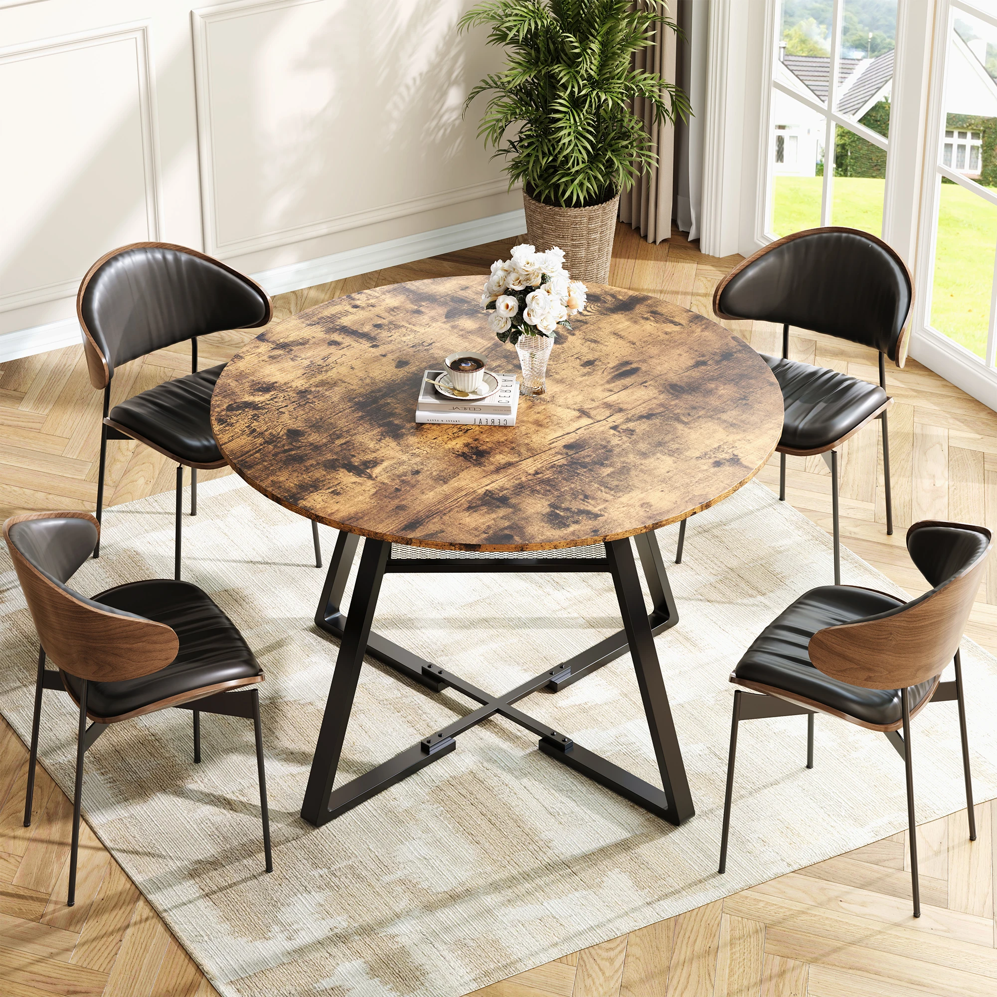 Superaly 120×120×75 cm Küchentisch, runder kleiner Esstisch, Esszimmertisch mit Stauraum für 4-6 Personen, Metallgestell