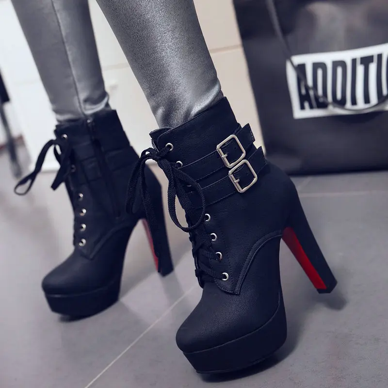 Extra große Größe 47 48, runde Zehen, Kreuzgebunden, Schnürung, Damen-Knöchel-Motorradstiefel, dicke High Heels, Stiletto-Botines, Gothic-Schuhe