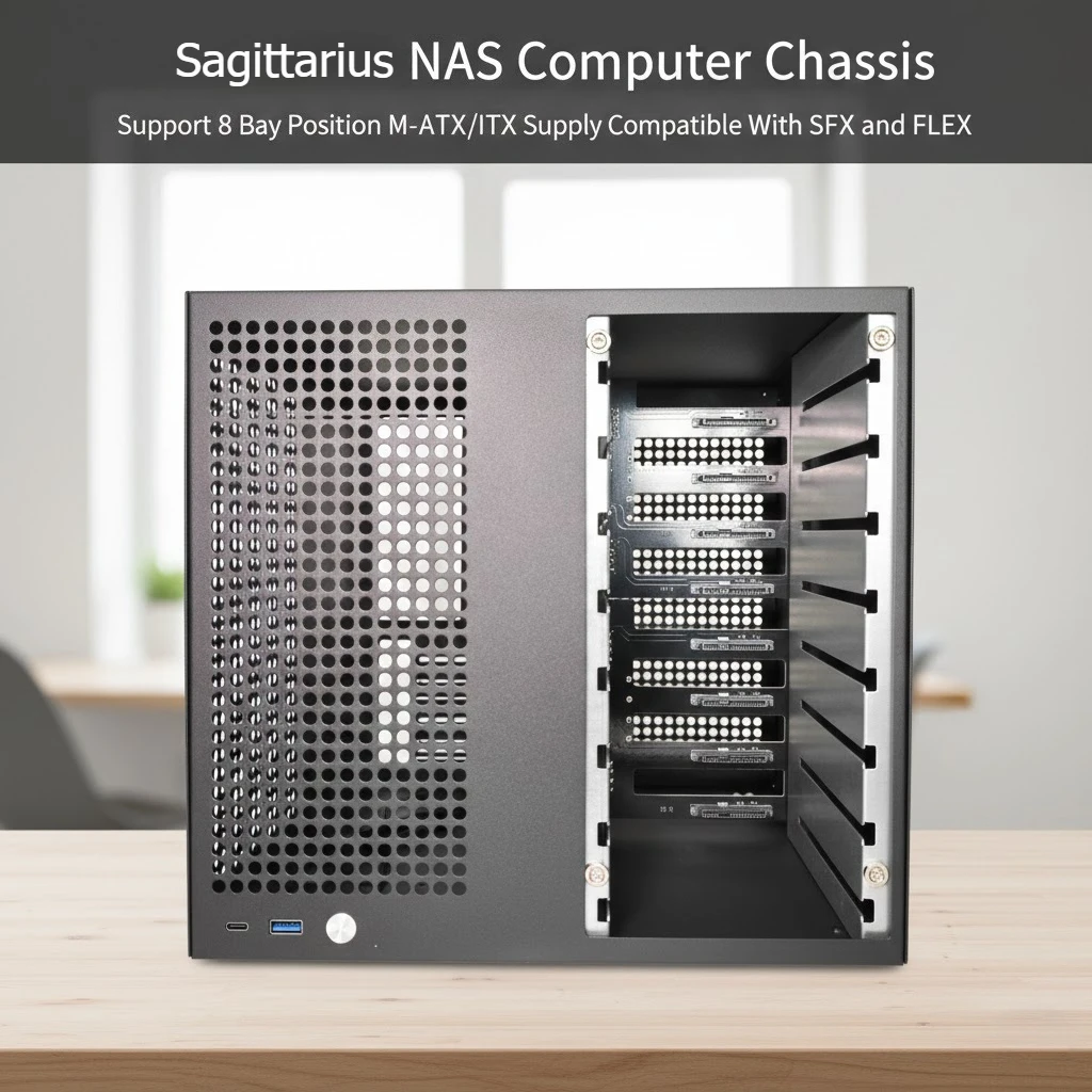 Sagittarius NAS-Computergehäuse mit 8 Einschubpositionen für M-ATX/ITX, Kompatibel mit SFX und FLEX Netzteilen Image