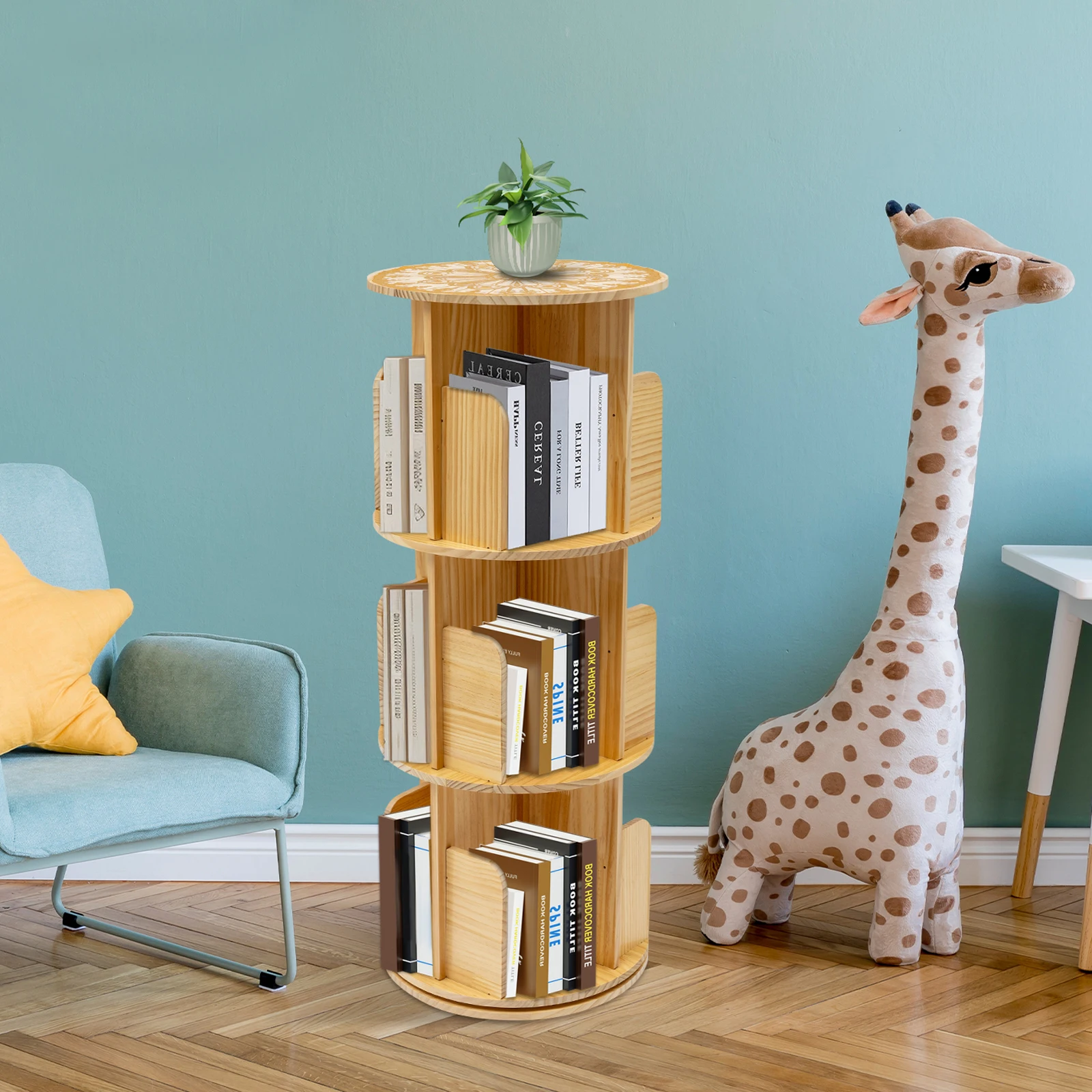 3-stöckiges drehbares Bücherregal 360 ° Bodenstehendes Bücherregal aus Kiefernholz für Büros, Schlafzimmer, Bibliotheken Image