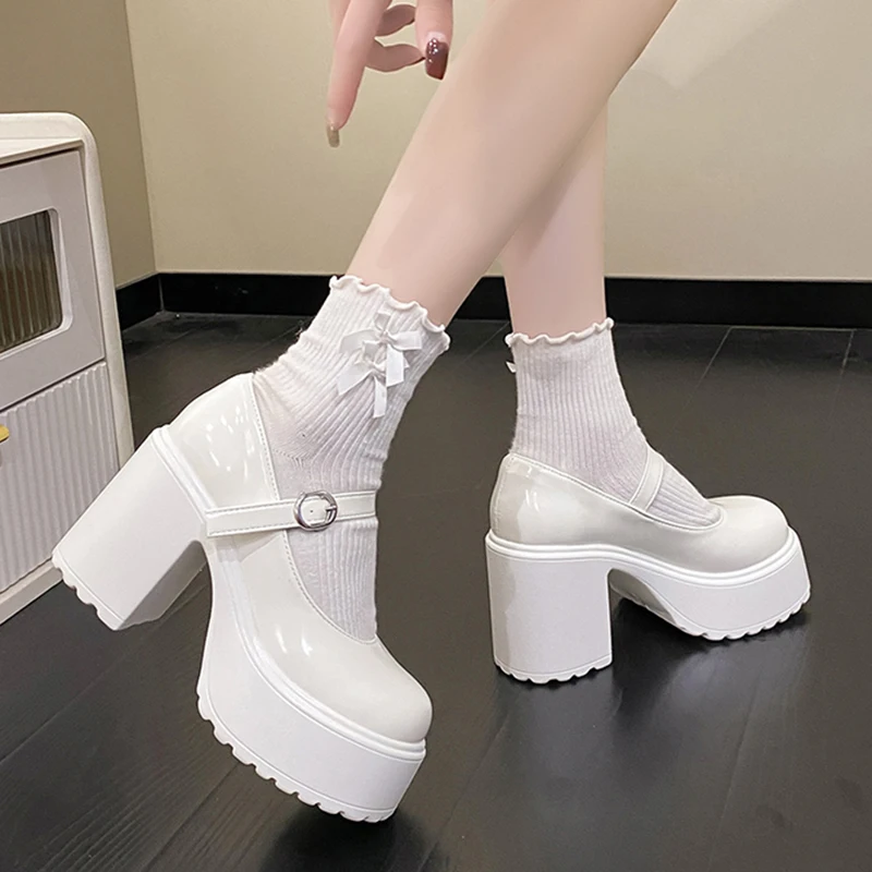 Chunky Plattform High Heels Pumps Frauen 2023 Herbst Pu Leder Knöchel Schnalle Mary Jane Schuhe Frau Dicken Hochhackigen Weiß Lolita Schuhe