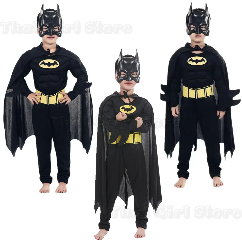 Kinder Jungen Muskel-Kostüme mit Maske Umhang Film-Charakter Superhelden-Cosplay Halloween-Party Rollenspiel Fledermaus Dunkle Nacht Jumpsuit Image