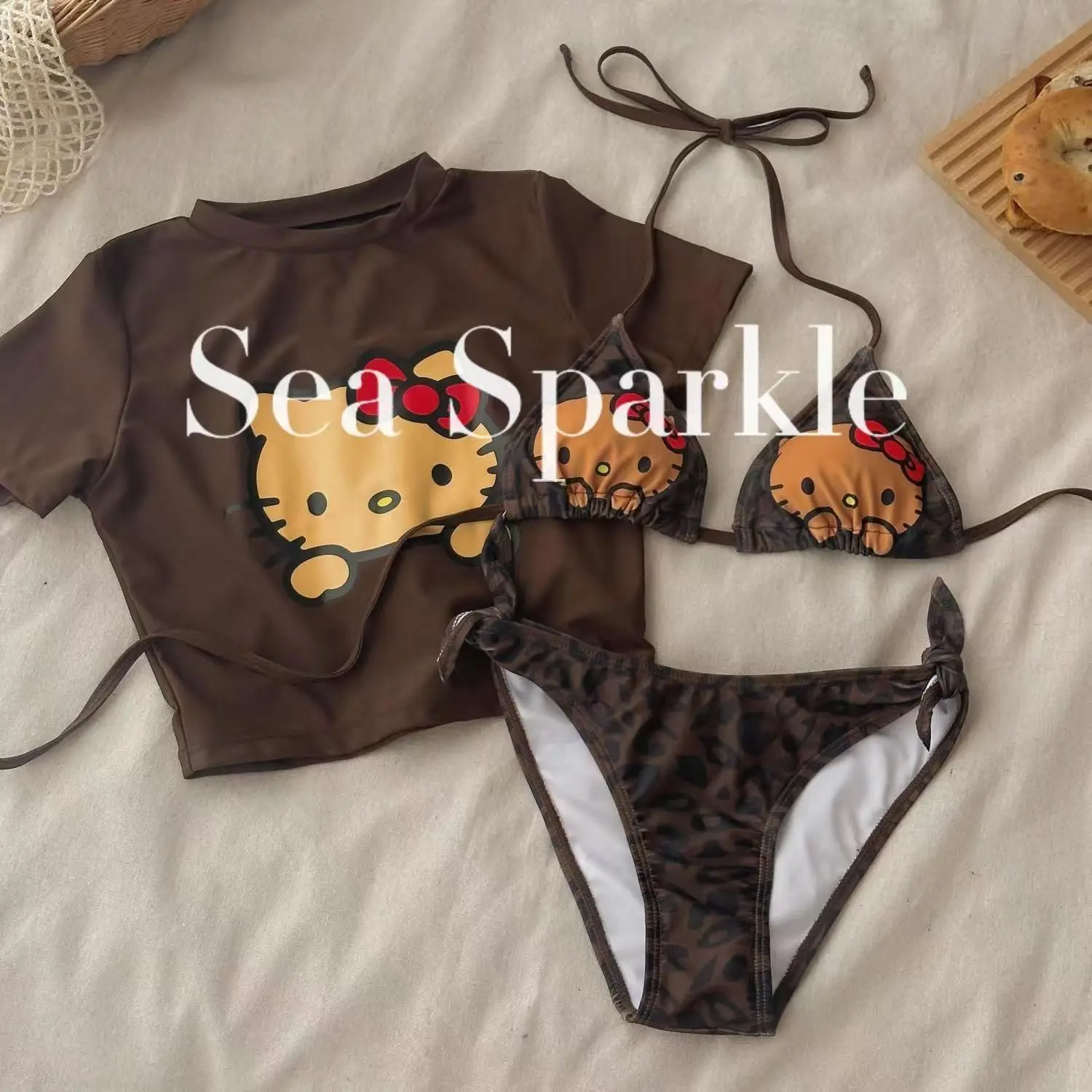 Heißer Sanrio Hello Kitty Bikini Sale: Süßer, neuer Badeanzug mit weichem Cartoon-Print, kreativ, 3-teilig, Urlaubsgeschenke, bequem