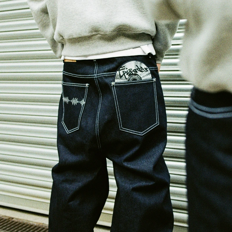 Vintage Schwarze Denim-Jeans Trendige Disc-Stickerei Herren und Damen Weites Bein Hosen Hip Hop Harajuku Streetwear Lässige Baggy-Jeans