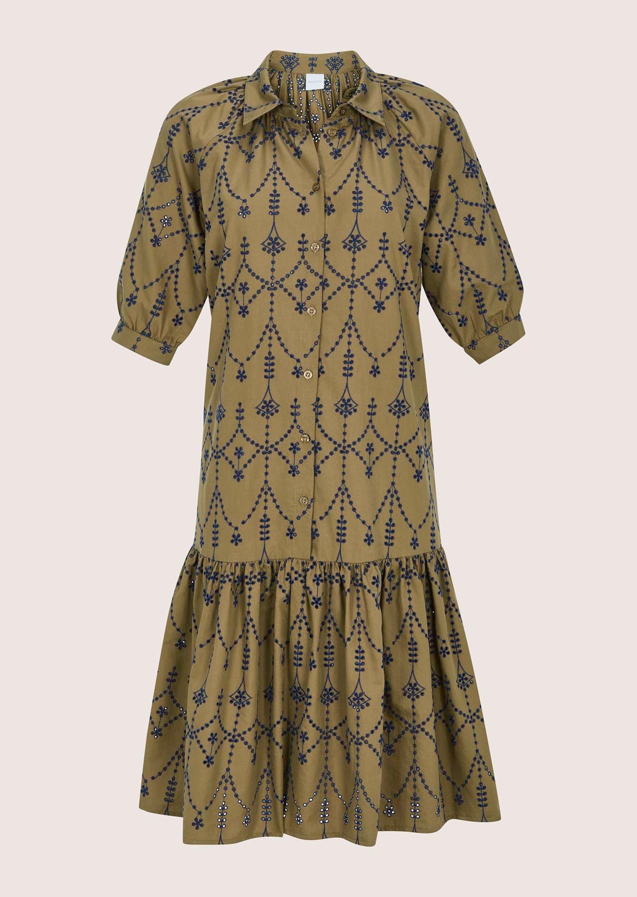 Midikleid MADELEINE "Hemdblusenkleid Sommerliches Midikleid mit Volant", Damen, Gr. 34, N-Gr, braun (nougatbraun, royalblau), Obermaterial: 100% Baumwolle CO., Modern, Kleider Midikleid, Kleid mit Lochstickerei