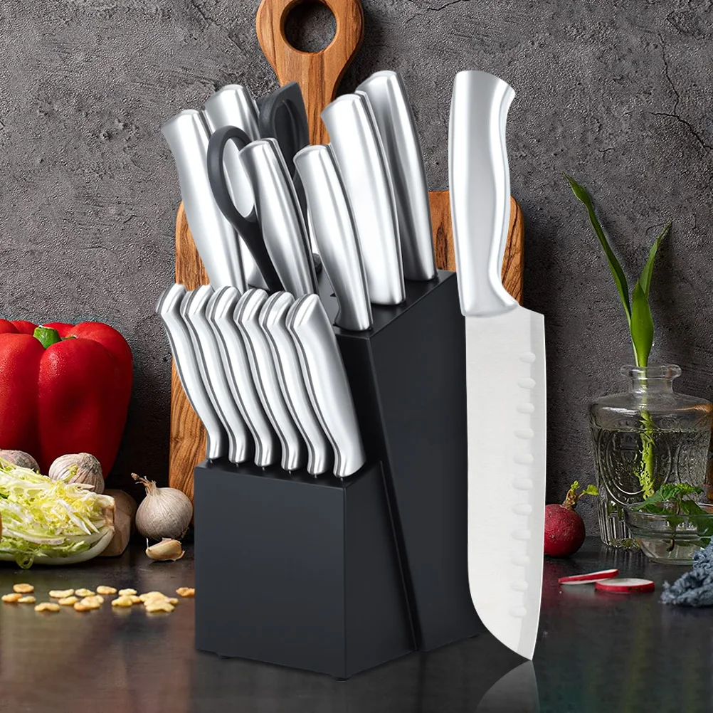 MDHAND Deutsches ultrascharfes Kochmesser aus Edelstahl mit Hackmesser, Brot, Santoku-Küchenmesser, Massivholzblock, Schere, Schärfer Image