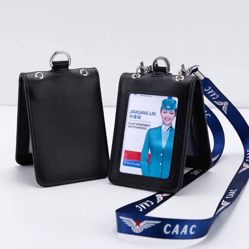 NEU Luftfahrt Flugbegleiter Umhängeband Ausweishalter Echtes Leder Personal Arbeit Business Stewardess Namensschild Ausweise Abzeichen Image