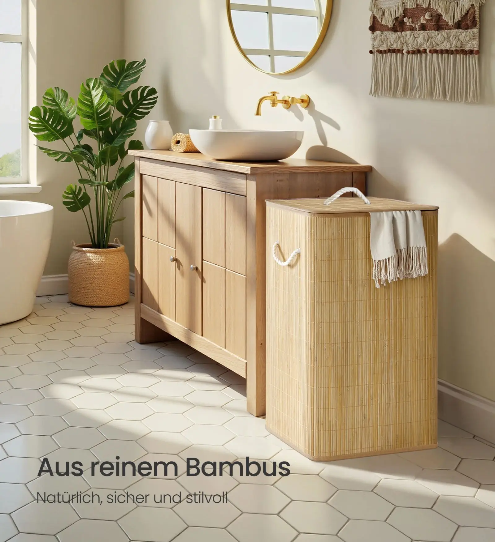 SONGMICS Wäschekorb mit Deckel, 90 L, Wäschesammler Bambus, rechteckig, faltbar, naturfarben