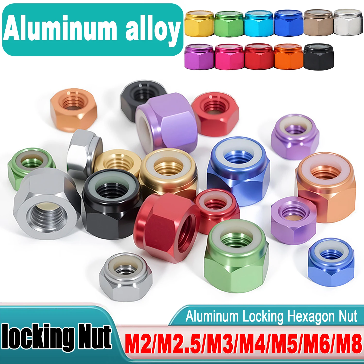 5pcM2 M2,5 M3 M4 M5 M6 M8 Bunte eloxierte Aluminiumlegierung Sicherungssechskantmutter Nylon Sechskant Einsatz Sicherungsmutter Selbstsichernde Mutter Image