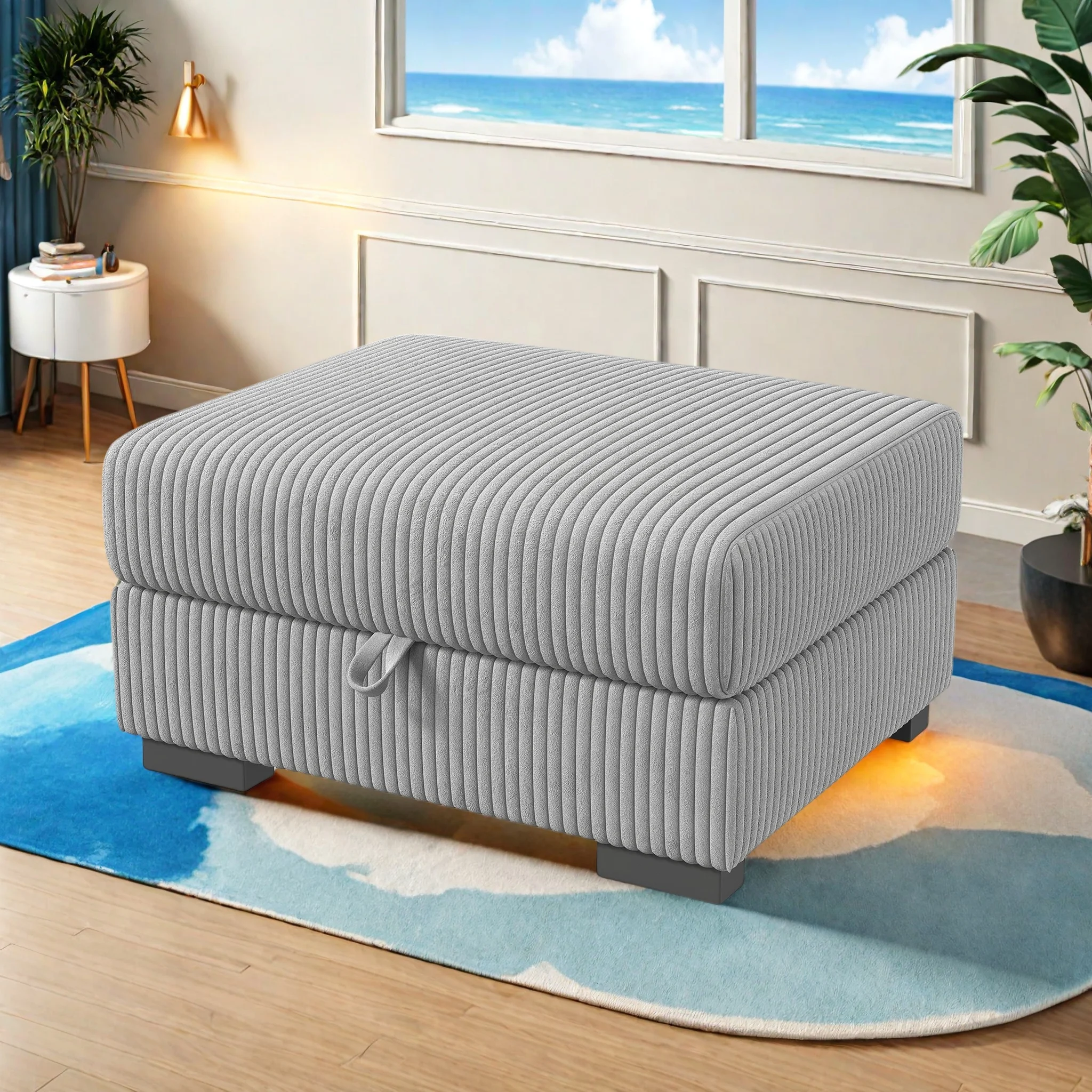 Sitzhocker mit Stauraum, 87 x 44 x 69 cm, Fußhocker aus Cord mit gepolstertem Deckel, Faltbare Hocker, Sitztruhe bis 200 kg belastbar, Aufbewahrungsbox für Wohnzimmer, Schlafzimmer & Flur, Grau