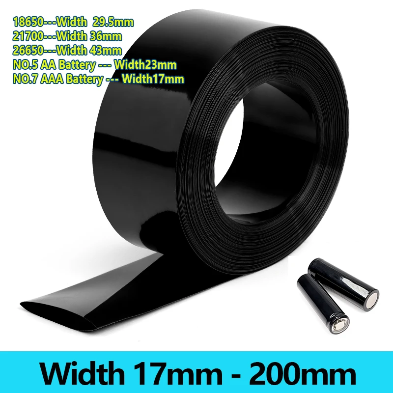 Breite: 17 mm ~ 200 mm, schwarzer PVC-Schrumpfschlauch, 18650 Batteriefolie, Batteriepack, isolierte Kabelschutzhülle, Lithium-Folienhülle Image